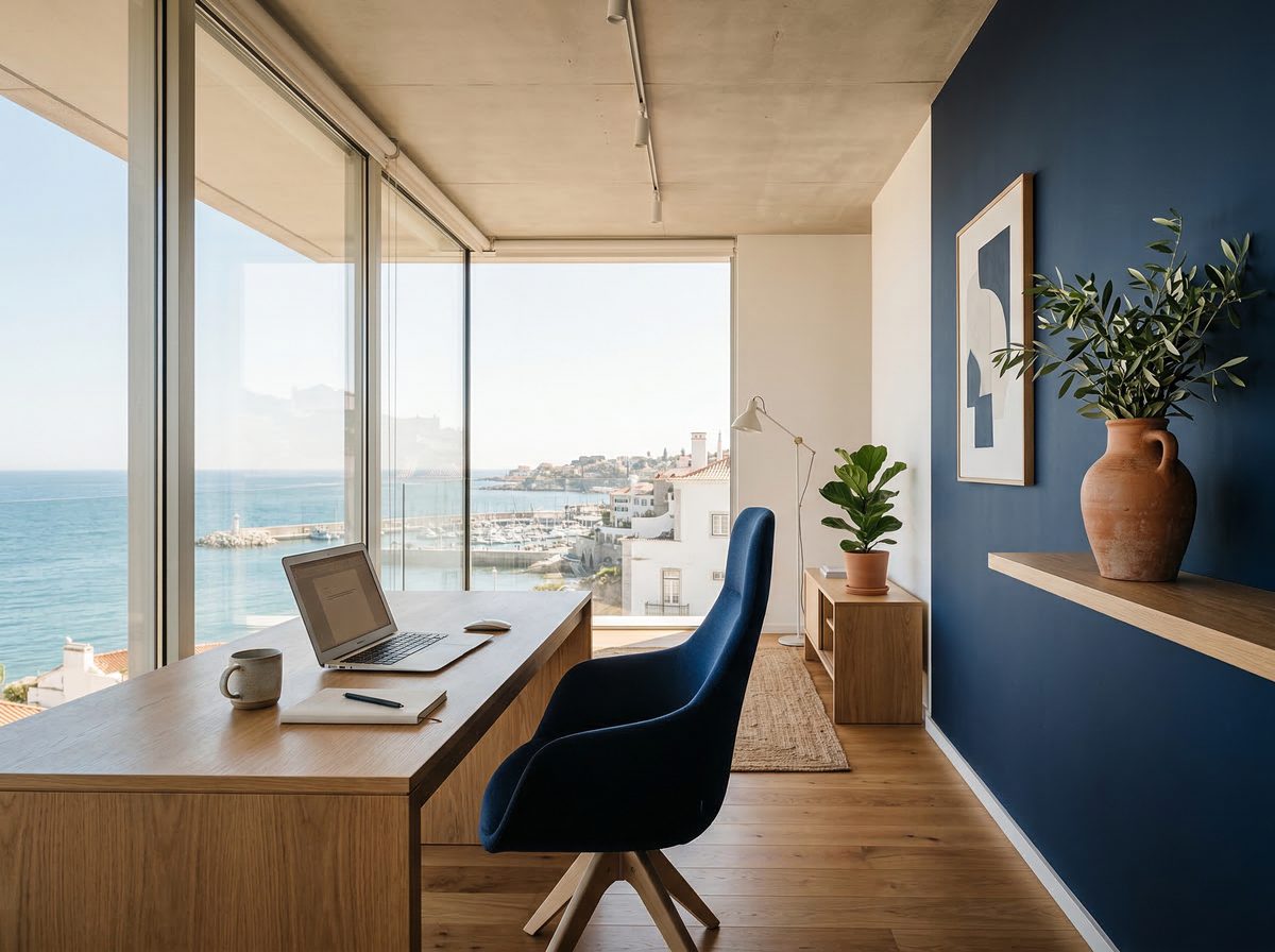 Escritório moderno da Portugal Now com vista para o oceano em Cascais